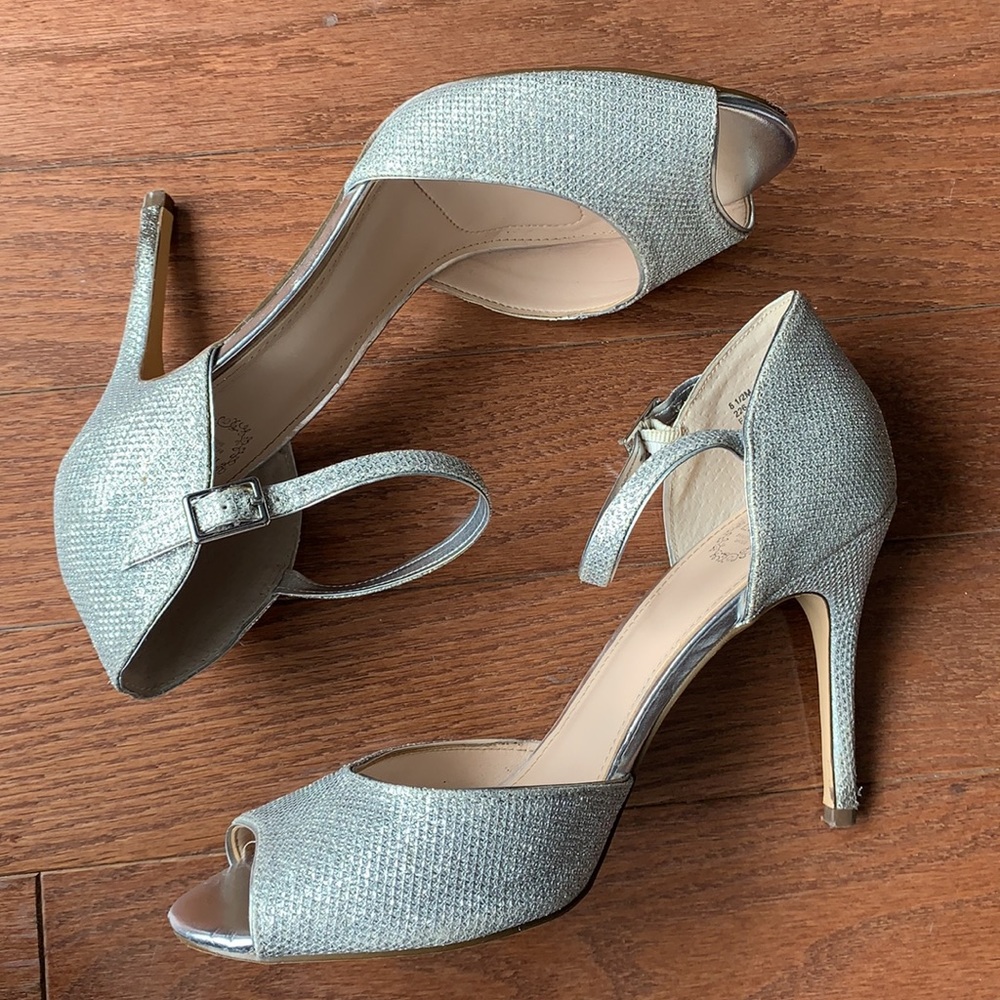 I. Miller Silver Glittery Ankle Strap Peep Toe Heels Prom Wedding Bridal 8.5 - Picture 2 of 16
